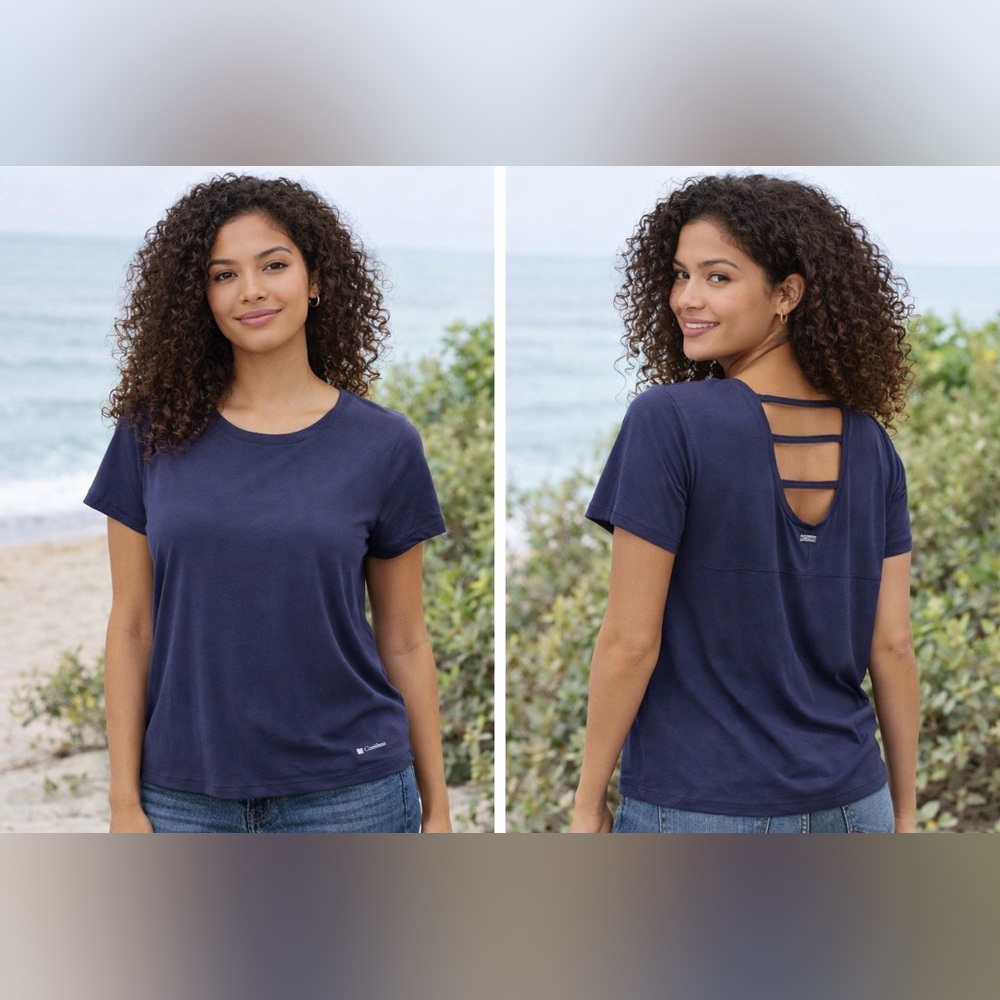 Columbia Navy Blue Small Normcore Open Back Detail Top Cabincore Athleisure